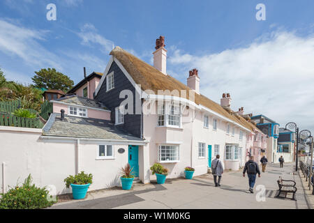 Attraktive reetdachhäuser am Meer in Lyme Regis, Dorset, England, Großbritannien Stockfoto