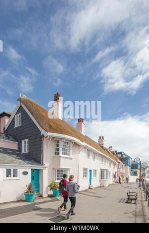 Attraktive reetdachhäuser am Meer in Lyme Regis, Dorset, England, Großbritannien Stockfoto