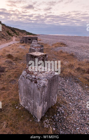 Konkrete Anti Tank Blöcke auf der Küste von Moray Großbritannien mit pillbox im Hintergrund Stockfoto