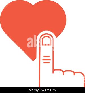 Dünne Linie Finger drückt auf den roten Herzen Taste Stock Vektor