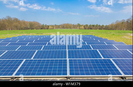 Landschaft mit blauen Solarzellen Feld in den Niederlanden Stockfoto