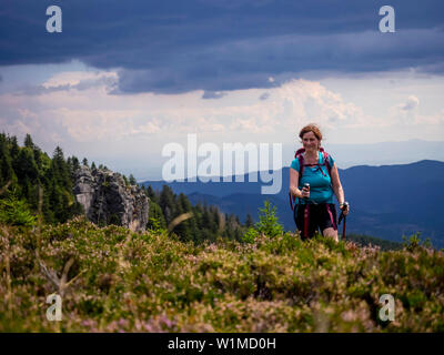 Frauen wandern auf Wiese in Richtung Tal am Col de la Schlucht in den Vogesen, Elsass, Frankreich Stockfoto