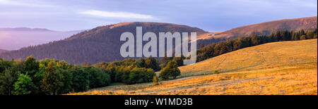 Panorama Blick auf den Wald Landschaft mit Bergen im Hintergrund, Stosswihr, Vogesen, Frankreich Stockfoto