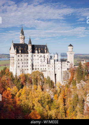 Blick auf das Schloss Neuschwanstein aus Marienbruecke im Herbst, Oberallgaeu, Bayern, Deutschland Stockfoto