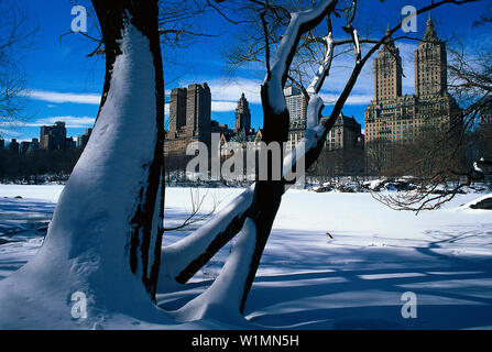 Der See, Central Park im Winter, Skyline, Central Park West Manhattan, New York, USA Stockfoto