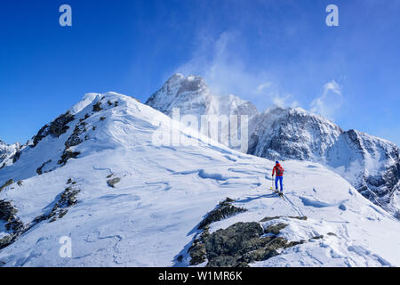 Frau back-country skiing aufsteigend in Richtung Punta Tre Chiosis, im Hintergrund der Monte Viso, Punta Tre Chiosis, Valle Varaita, Cottischen Alpen, Piemont, Stockfoto