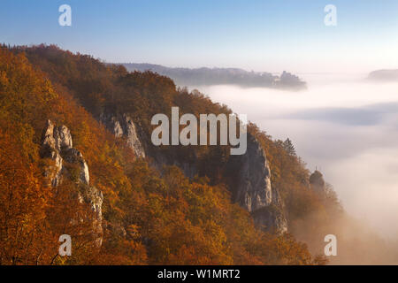 Nebel im Tal der Donau, Blick auf Schloss Werenwag, Naturpark Obere Donau, Baden-Württemberg, Deutschland Stockfoto