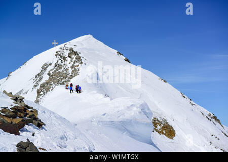 Mehrere Personen zurück - Langlaufen auf Kante des Pizzo Tresero, Pizzo Tresero, Val dei Forni, Ortlergebiet, Lombardei, Italien stehend Stockfoto