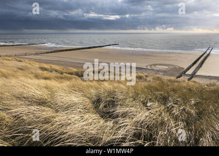 Küste, Sandstrand, Buhne, Westkapelle in der Nähe von Domburg, Nordseeküste, Zeeland, Niederlande Stockfoto