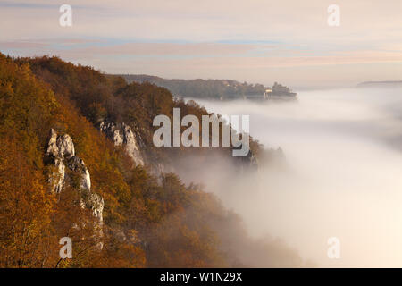 Nebel im Tal der Donau, Blick auf Schloss Werenwag, Naturpark Obere Donau, Baden-Württemberg, Deutschland Stockfoto