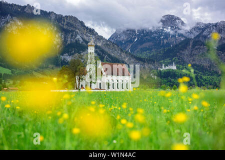 Kirche St. coloman an der Romantischen Straße mit Saeuling und Schloss Neuschwanstein im Hintergrund, Ammergauer Alpen, Allgäu, Schwaben, Bayern, Deutschland Stockfoto