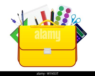 Schule Kinder Tasche mit Zubehör für Studie Stock Vektor