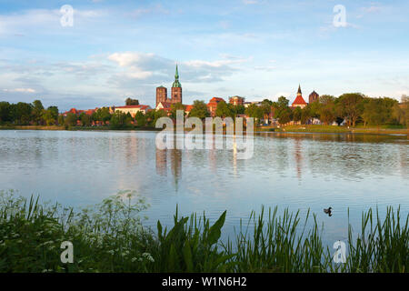 Blick über den Knieperteich auf die Altstadt und die Nikolaikirche, Stralsund, Ostsee, Mecklenburg-Vorpommern, Deutschland Stockfoto