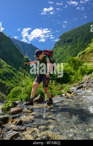 Junge Frau durchquert einen Stream auf dem Annapurna Circuit Trek in den Marsyangdi Tal, Nepal, Himalaya, Asien Stockfoto