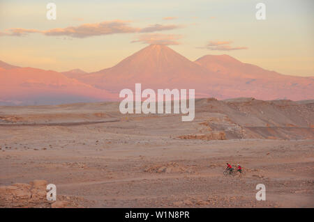 Junges Paar mit dem Fahrrad durch die Wüste, den Vulkan Licancabur bei Sonnenuntergang, Valle de la Luna, das Tal des Mondes, Atacama-wüste, National Reserve, Reserva N Stockfoto