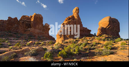 Sandsteinformationen, Garten Eden, Elephant Butte, Arches National Park, Moab, Utah, USA Stockfoto