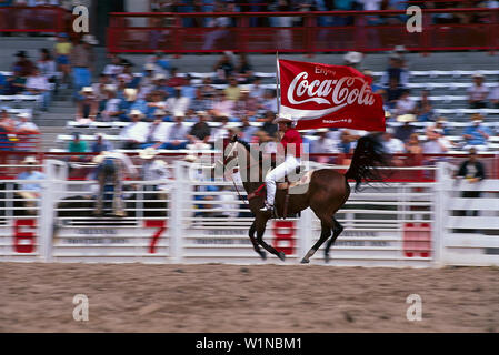 Cowboy, Rodeo, Coca-Cola Sponsor Flagge, Cheyenne Frontier Days Rodeo, Wyoming USA Stockfoto