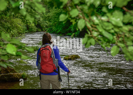 Junge Frau wandern durch an der Bode im Bodetal (Bodetal) auf dem Wanderweg Harzer Hexen stieg von Thale nach Treseburg, Frühling, Harz Fore Stockfoto