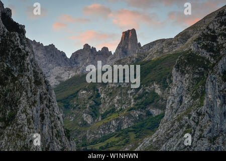 Blick von Camarmeña zu Naranjo de Bulnes mit El Urriello bei Sonnenuntergang, Cabrales, Berge von Parque Nacional de Los Picos de Europa, Asturien, Spanien Stockfoto