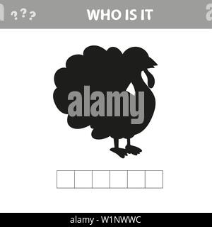 Wer ist es - Schatten Bild. Lernspiele für Kinder. Kreuzworträtsel Türkei, Bauernhof Vogel Stock Vektor