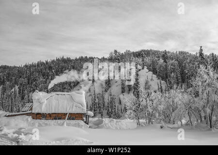 Verschneite Holzhaus auf dem Hintergrund der Berge und Wälder Stockfoto