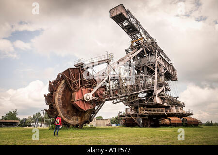 Frau vor schaufelradbagger "Big Wheel" in Ferropolis - Stadt aus Eisen, Dessau, Sachsen-Anhalt, Europäische Route der Industriekultur Stockfoto