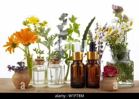 Ätherische Öle mit Kräutern und Blumen auf Holz- Hintergrund Stockfoto