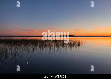 Sonnenuntergang am Schweriner See, Mecklenburgische Seenplatte, Mecklenburg-Vorpommern, Deutschland Stockfoto