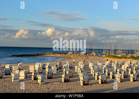 Liegestühle mit Marina im Hintergrund, Kühlungsborn, Ostseeküste, Mecklenburg-Vorpommern, Deutschland Stockfoto
