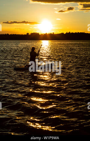 Silhouette einer Frau kniend auf paddle Board und Rudern in den Sonnenuntergang. Ottawa River Woodstock Ontario Kanada. Stockfoto