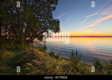 Sonnenuntergang am Schweriner See, Mecklenburgische Seenplatte, Mecklenburg-Vorpommern, Deutschland Stockfoto