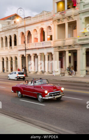 Rote Oldtimer, Cabrio, Touristen, am Malecon, Taxi, historische Altstadt, Zentrum, Altstadt, Habana Vieja, Habana Centro, Familienreisen, Reisen nach Kuba, h Stockfoto