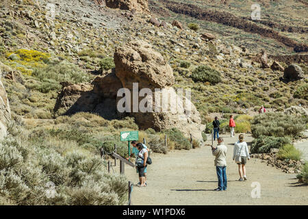 Blick auf die berühmten kleinen Felsen in der Nähe von Vulkan Teide auf Teneriffa. Schöne lava Landschaft im Nationalpark. Los Roques de Garcia. Stockfoto