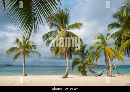 Einen Tag Besucher von einer Expedition Cruise Ship entspannt in der Hängematte hängen zwischen den Palmen am Strand, San Blas Inseln, Panama, Karibik Stockfoto