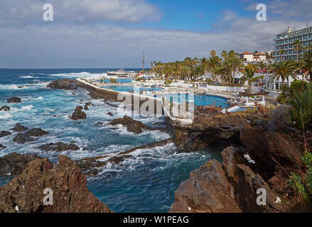 Playa Lago Martianez César Manrique, Puerto de la Cruz, Teneriffa, Kanarische Inseln, Islas Canarias, Atlantik, Spanien, Europa Stockfoto