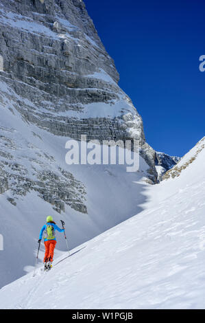Frau backcountry Skiing aufsteigender Richtung Forcella Lavinal dell'Orso, Julische Alpen, Friaul, Italien Stockfoto