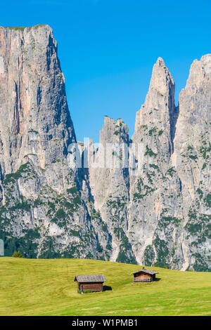 Holzhütten vor der Schlern Berge, Compatsch, Seiser Alm, Südtirol, Italien Stockfoto