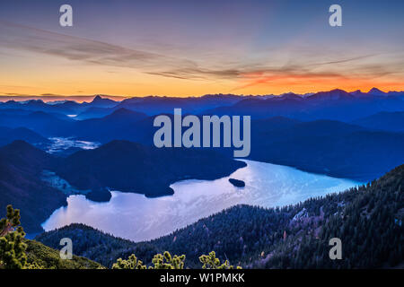 Morgenstimmung über den Walchensee mit Rofan und Karwendel Bereich im Hintergrund, von Herzogstand, Bayerische Alpen, Oberbayern, Bayern, Deutschland Stockfoto