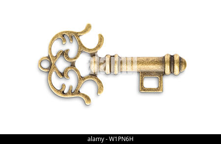 Vintage Golden Skeleton Key auf weißem Hintergrund Stockfoto