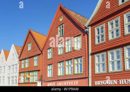 Historischen Holzhäuser in den Hanseatischen Viertel Bryggen, Altstadt von Bergen, Hordaland, Südnorwegen, Norwegen, Skandinavien, Nordeuropa, Europa Stockfoto