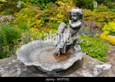 Detail der reich verzierten Vogelbad im Garten bei NTS Geilston Garten in Cardross, Argyll und Bute, Schottland, Großbritannien Stockfoto