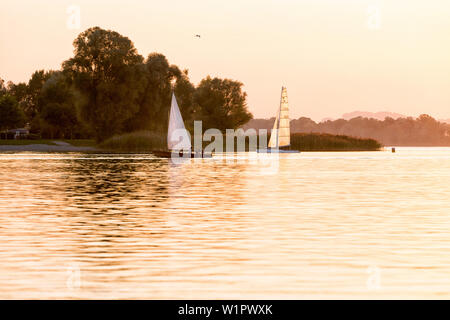 Sommerabend am Chiemsee und Platte und Katamaran am Eingang zum Hafen im letzten Abendlicht, Rückseite der Campingplatz Rödl Stockfoto