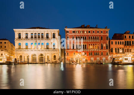Mit Blick auf den Canal Grande mit der beleuchteten Fassaden der Palazzo Dolfin Manin und der Palazzo Bembo (von links) in der blauen Dämmerung, San Marco, Ve Stockfoto