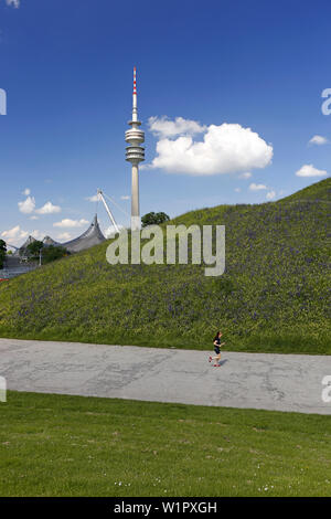 Dachkonstruktion von den Olympischen Stadion und Olympic Tower, Olympiapark, München, Oberbayern, Bayern, Deutschland Stockfoto