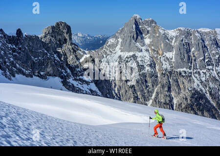 Frau backcountry Skiing aufsteigender Richtung Hochfeldscharte, Reiteralm im Hintergrund, Sittersbachtal, Hochfeldscharte, Nationalpark Berchtesgaden, Ber Stockfoto