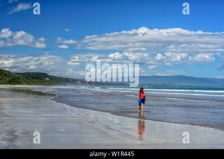 Frau Wandern am Strand, Tasman Sea, Hump Ridge, Hump Ridge Track, fiordlands Nationalpark, von der UNESCO zum Weltkulturerbe Te Wahipounamu, Süden, Süden Isla Stockfoto