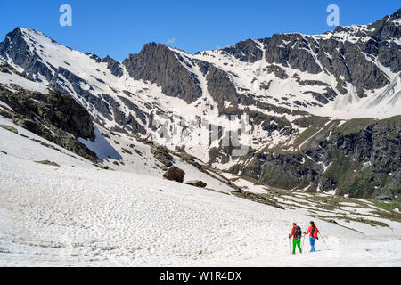 Mann und Frau wandern absteigend durch den Schnee zur Hütte Zuflucht Viso, Giro di Monte Viso, Monte Viso, Monviso, Cottischen Alpen, Frankreich Stockfoto