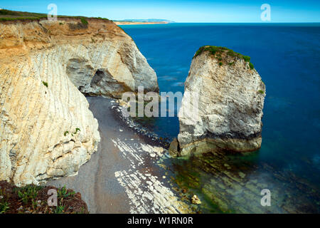 Lang, Belichtung, Kamera, Foto, Meer, Stapel, Welle, Schnitt, Plattform, Kreide, Strand, Süßwasserbucht, Isle of Wight, England, Großbritannien, Geologie, Stockfoto