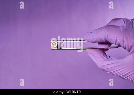 Die behandschuhte Hand mit Pinzette und bullet Gehäuse. Stockfoto