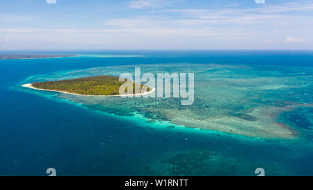 Patongong Insel, Palawan, Philippinen. Tropische Insel mit Palmen und weißem Sand. Atoll mit einer grünen Insel, Ansicht von oben. Stockfoto